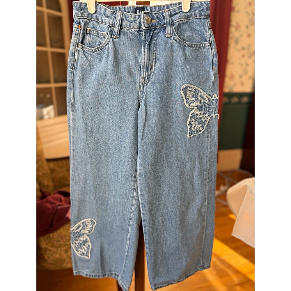 Gap Girls 12 Wide-Leg Light Wash Blue Denim Jeans Butterfly Embroidered